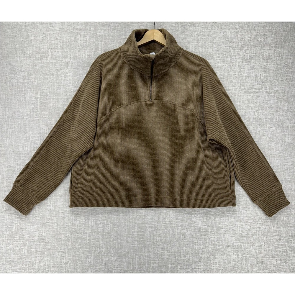 Zella Pullover Womens XL Brown Waffle Knit Quarter Zip Mock Neck Pockets Casual